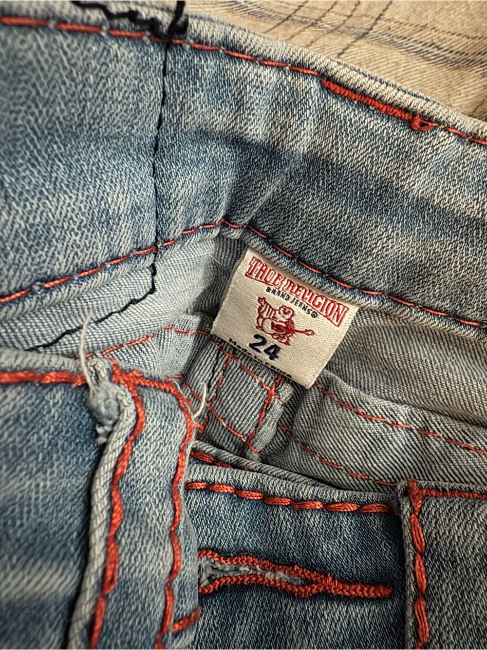 True Religion Light Blue Denim Jeans with Red Stitching